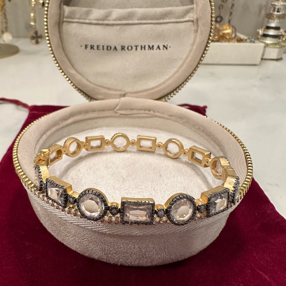 Freida Rothman Sterling Silver, Gold & Black Hinged Bangle Bracelet